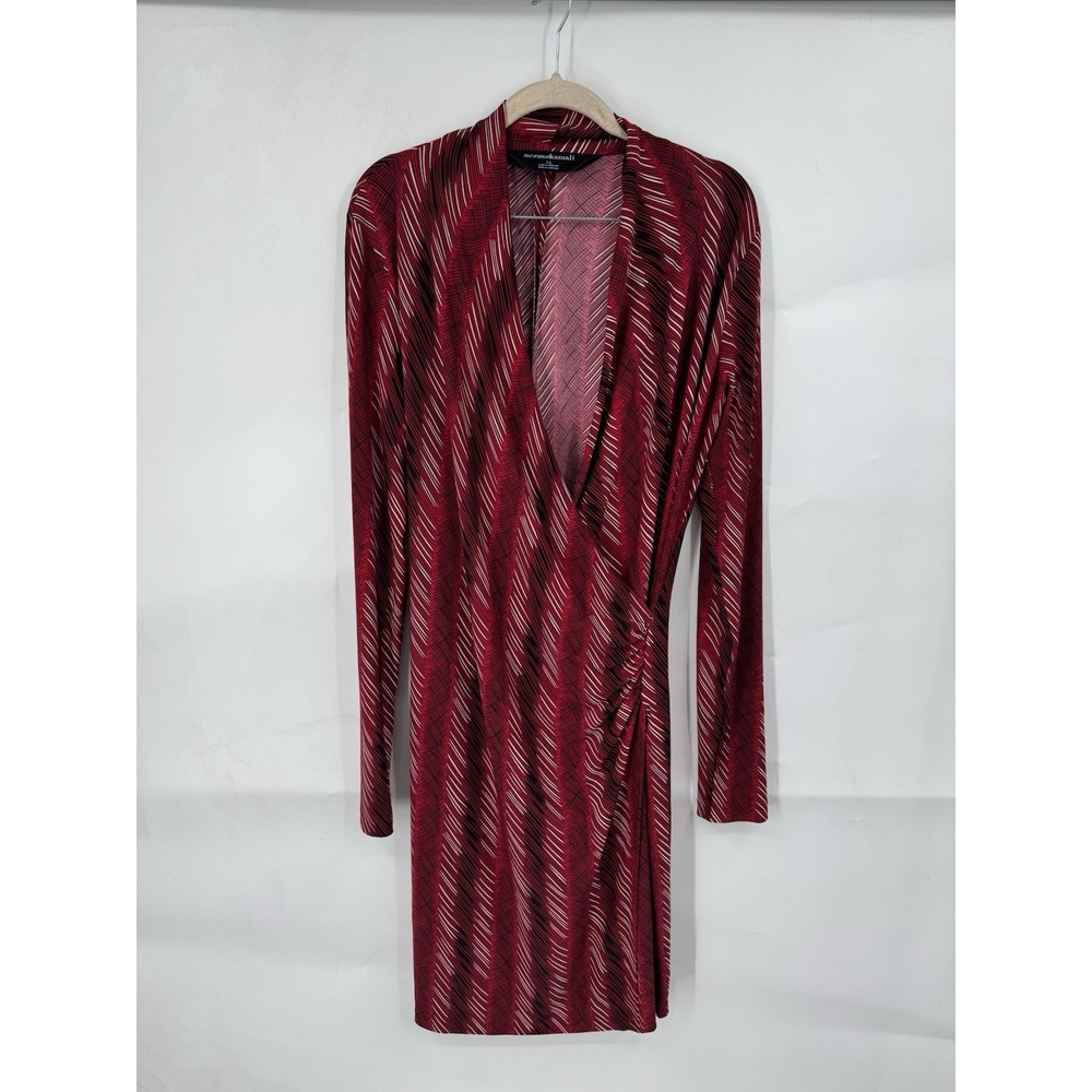 Norma Kamali Mini Dress Women Large Red Faux Wrap Mature Abstract Art To Wear‎